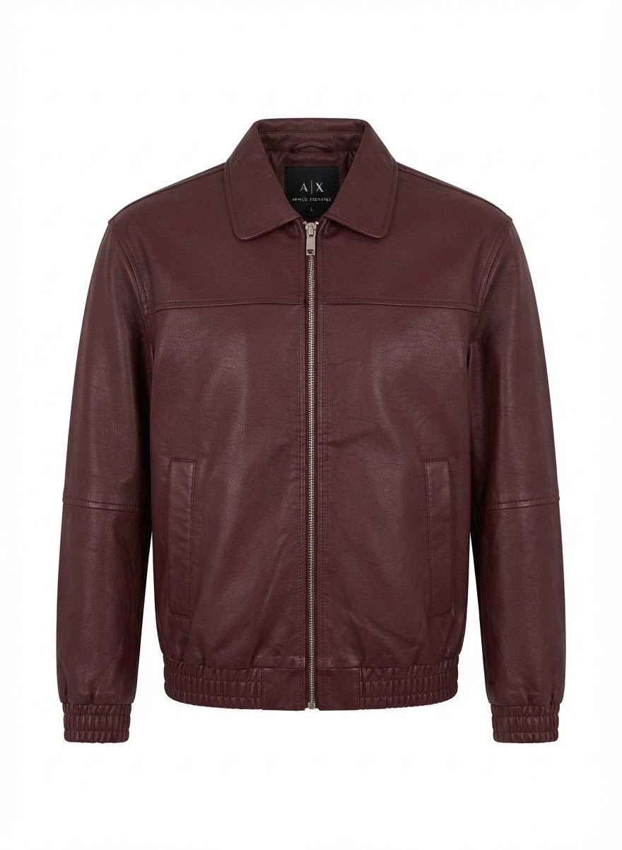 Men's Classic Zip-Up Leather Jacket with Folded Collar