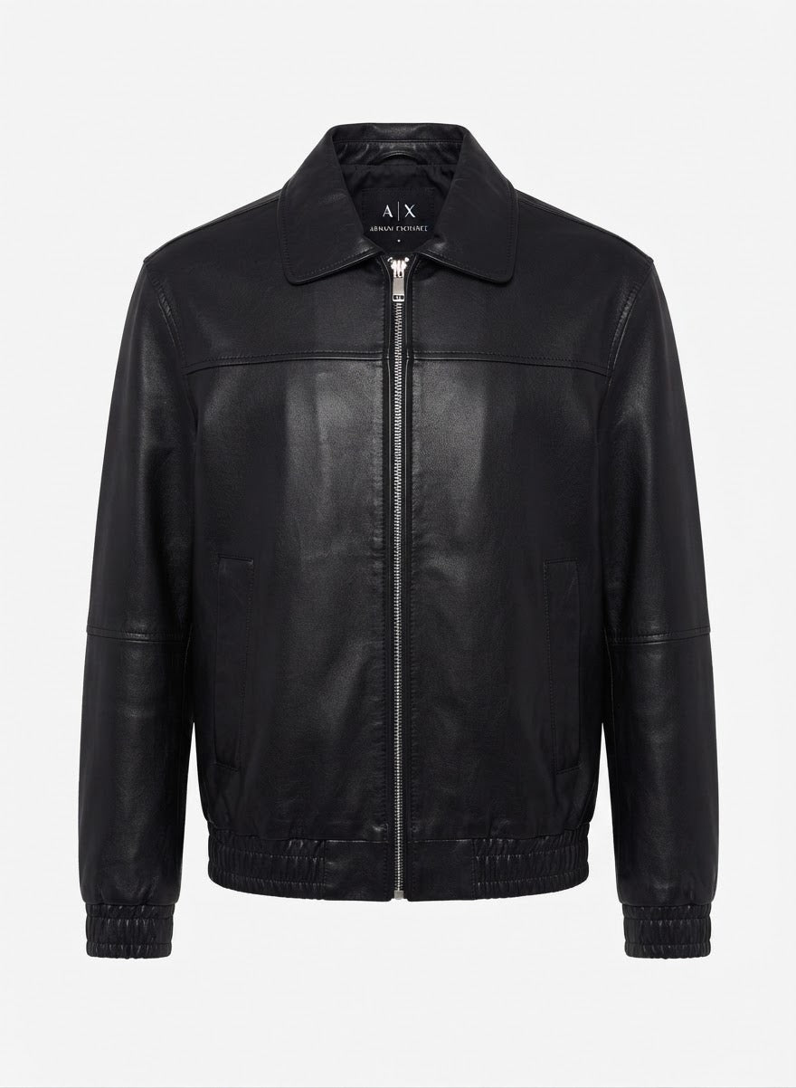 Men's Classic Zip-Up Leather Jacket with Folded Collar