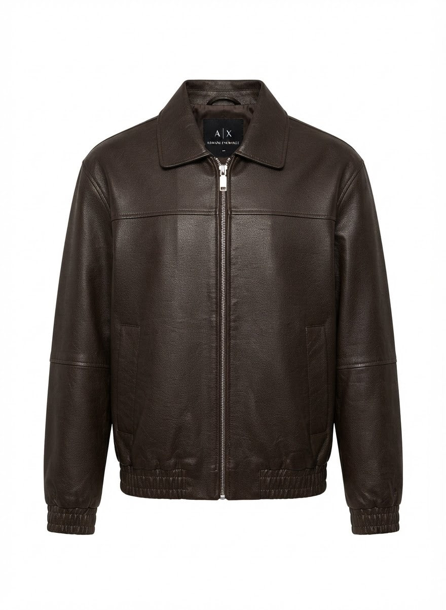 Men's Classic Zip-Up Leather Jacket with Folded Collar