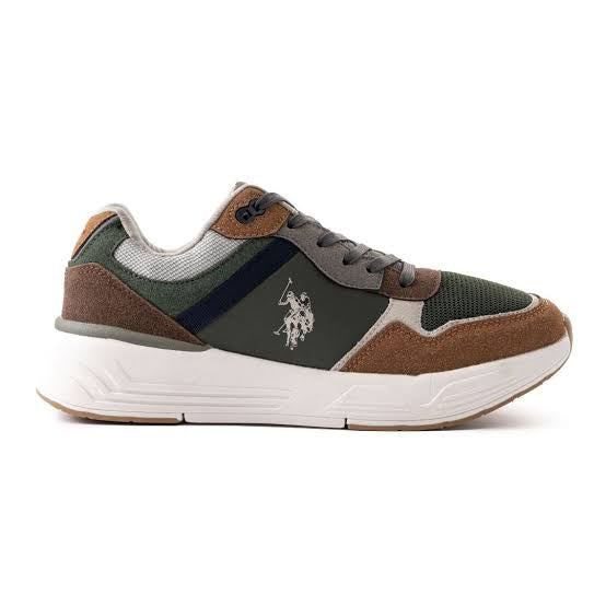 Stylish athletic sneakers with a modern design that blends natural tones and premium materials.