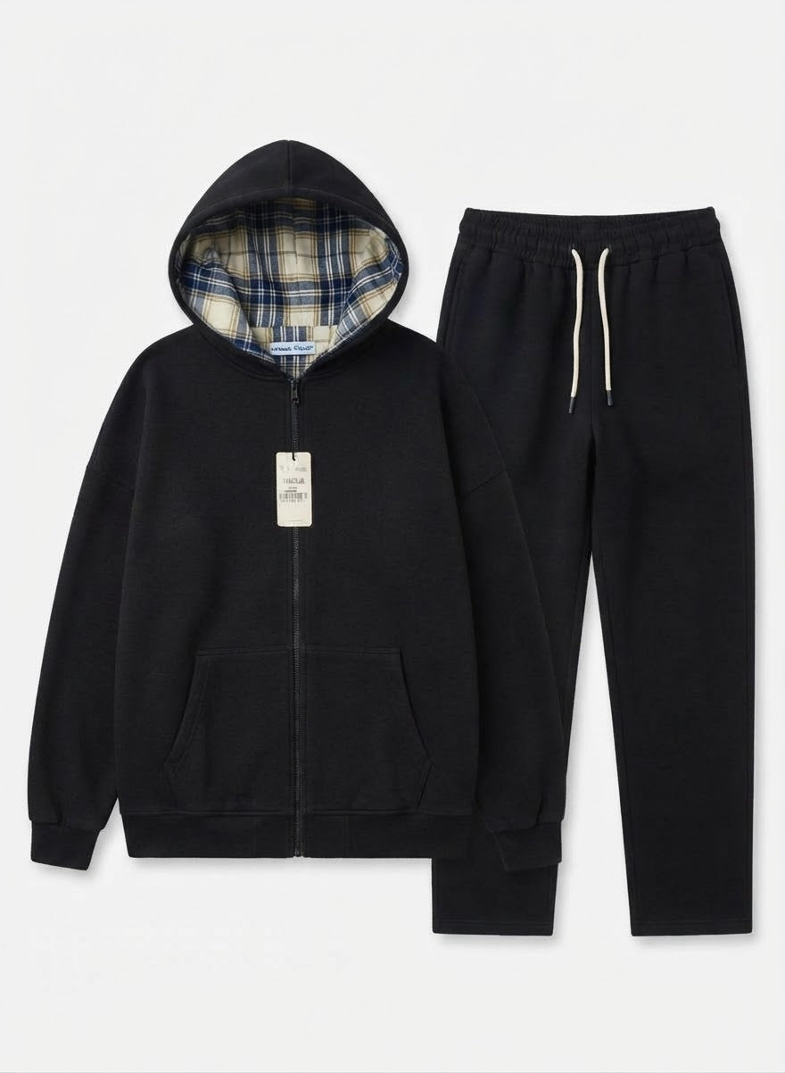 Men’s Zip-Up Hoodie Tracksuit Set – Plaid Lined Hood & Sweatpants