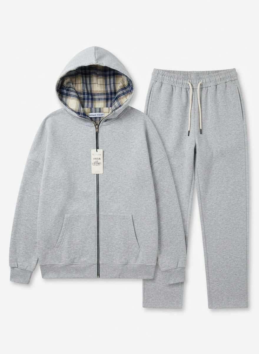 Men’s Zip-Up Hoodie Tracksuit Set – Plaid Lined Hood & Sweatpants