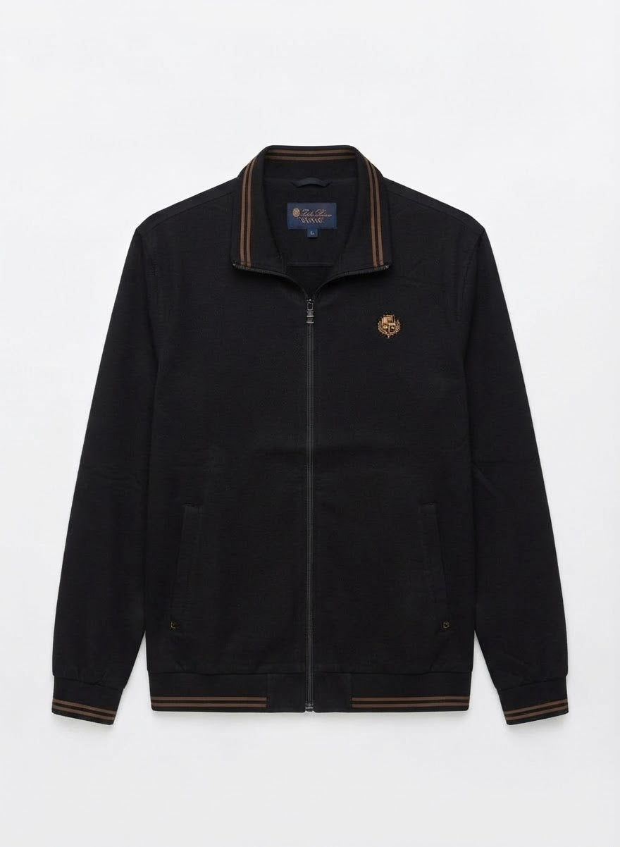 Men’s Premium Zip-Up Track Jacket with Crest Embroidery & Striped Trim