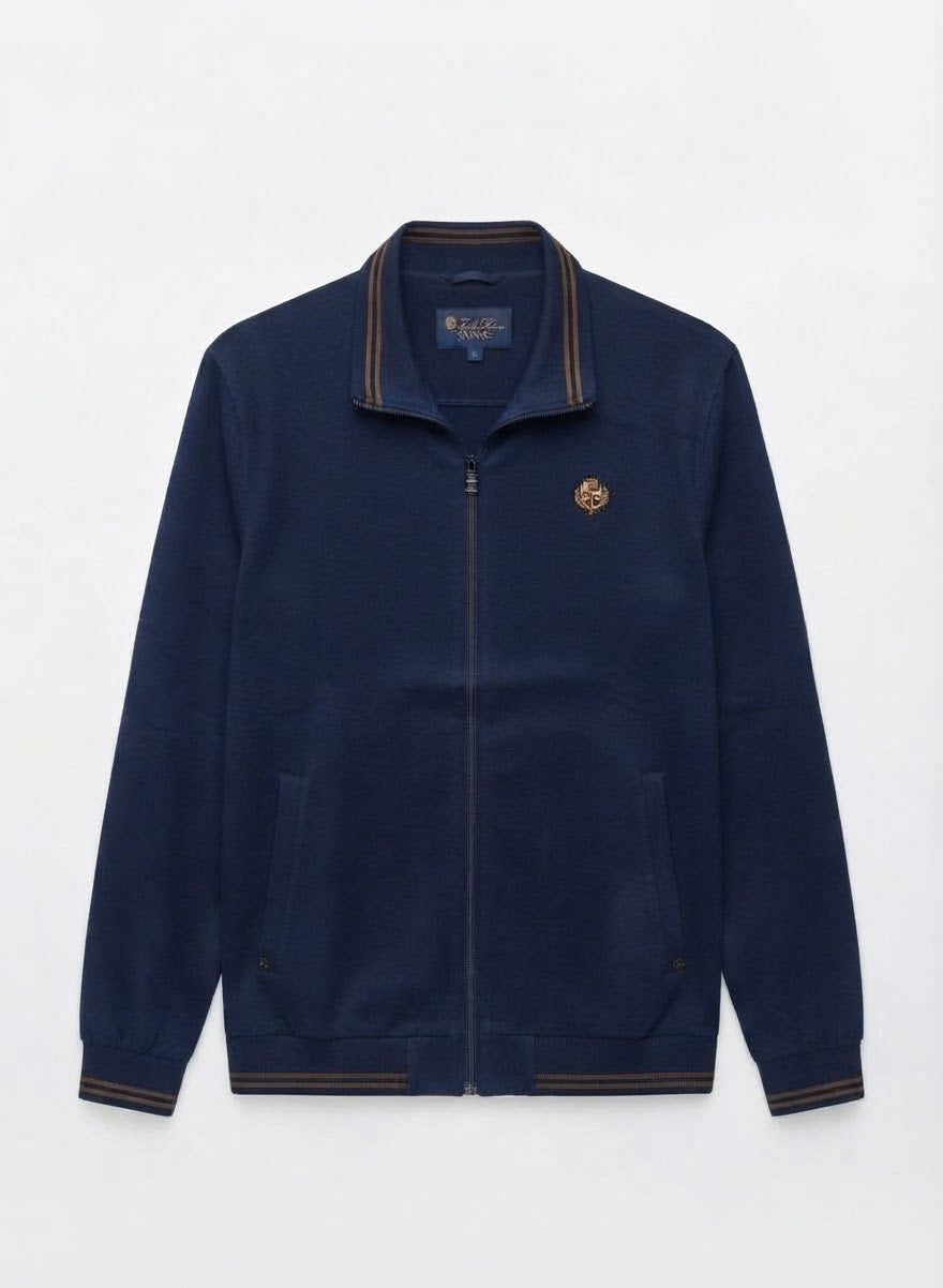 Men’s Premium Zip-Up Track Jacket with Crest Embroidery & Striped Trim