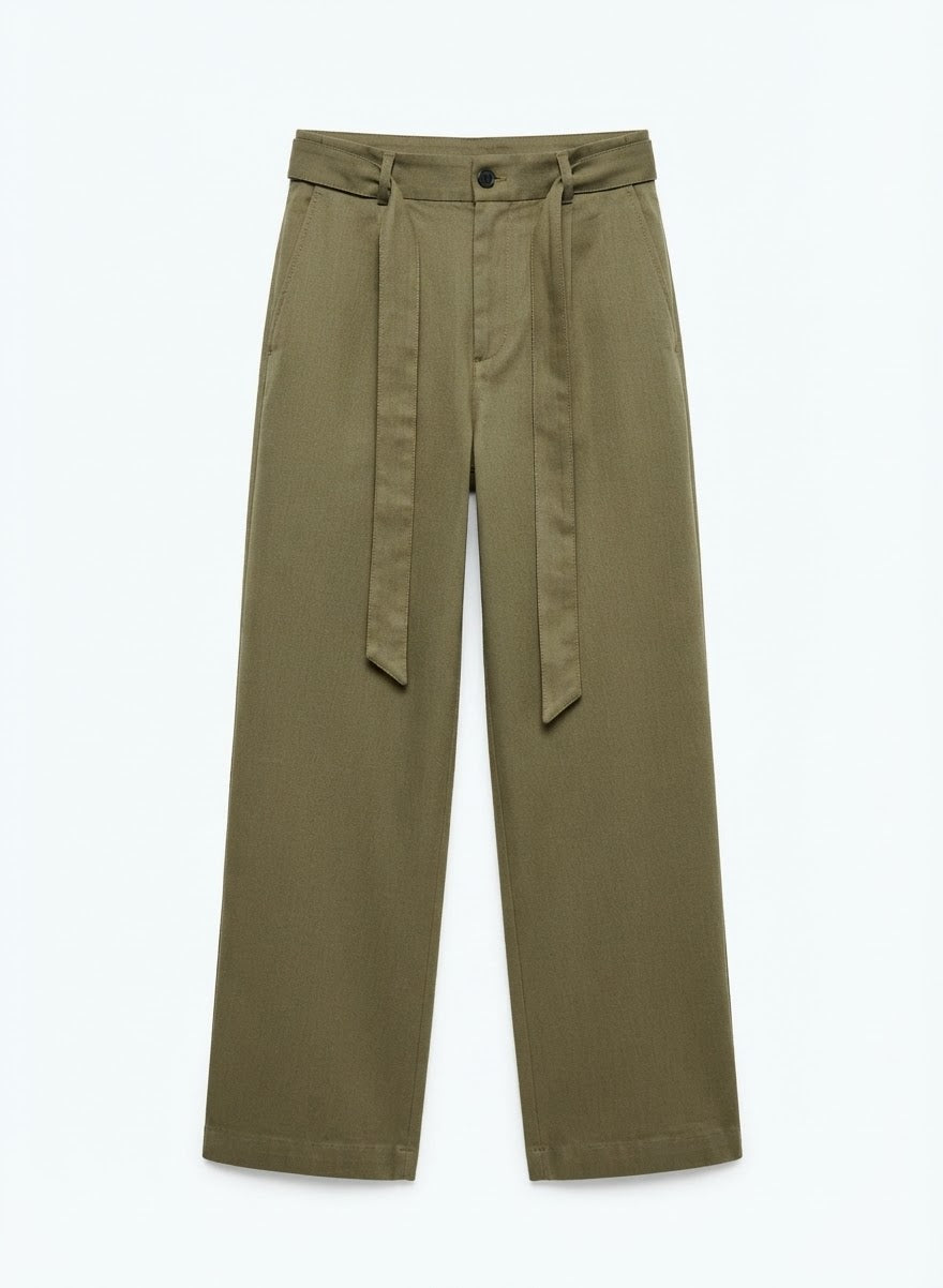 Olive Wide-Leg Belted Trousers