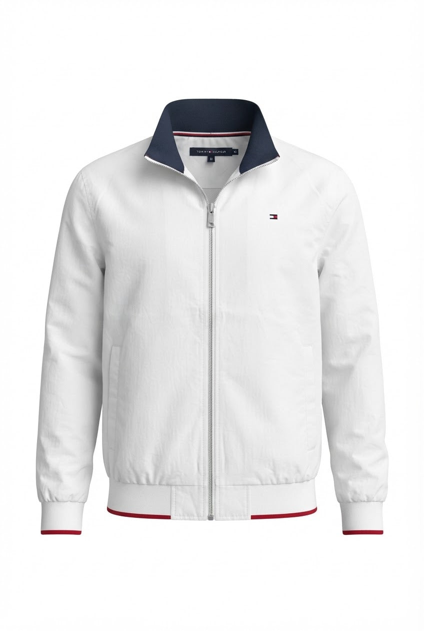 Men's Essential Lightweight Bomber Jacket with Tipped Trims (Black, Navy & White)