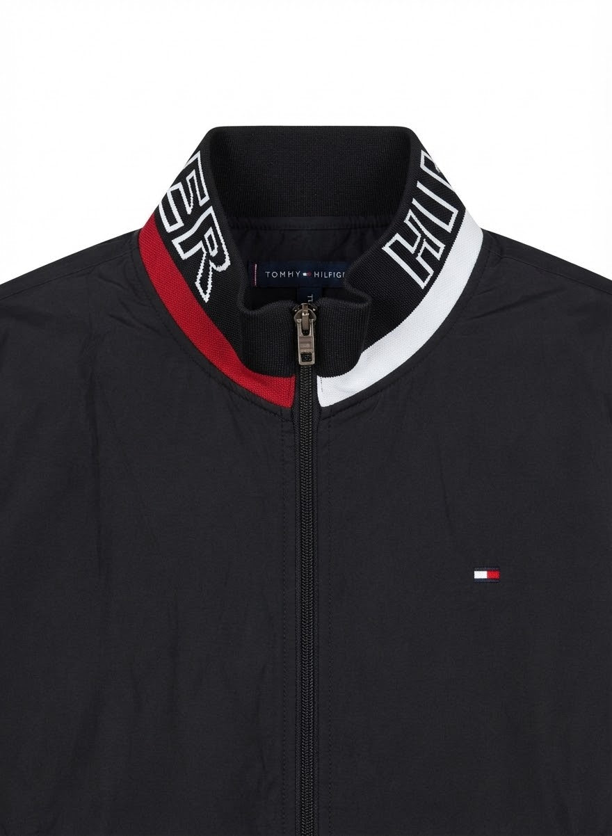 Men's Essential Lightweight Bomber Jacket with Tipped Trims (Black, Navy & White)