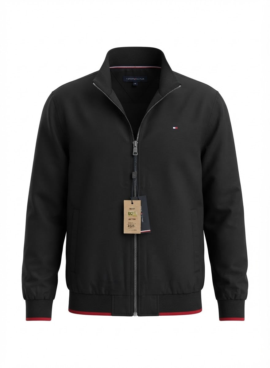 Men's Essential Lightweight Bomber Jacket with Tipped Trims (Black, Navy & White)