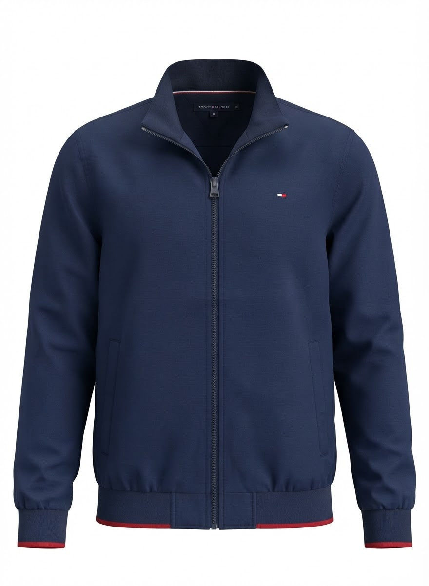 Men's Essential Lightweight Bomber Jacket with Tipped Trims (Black, Navy & White)